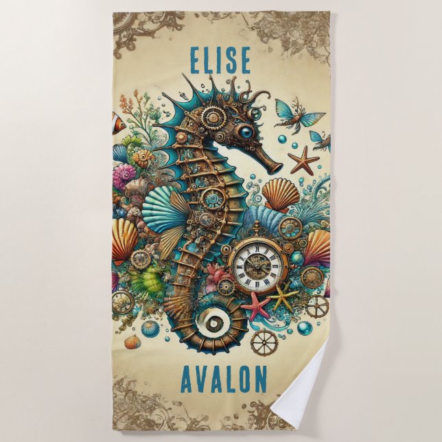 BEAUTIFUL WHIMSICAL STEAMPUNK SEAHORSE PERSONALIZE BEACH TOWEL (Front)