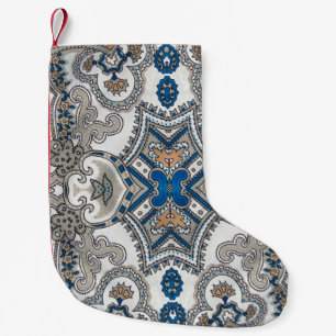 Beautiful white and blue arabesque, islamic patter small christmas stocking