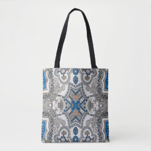 Beautiful white and blue arabesque, islamic patter tote bag
