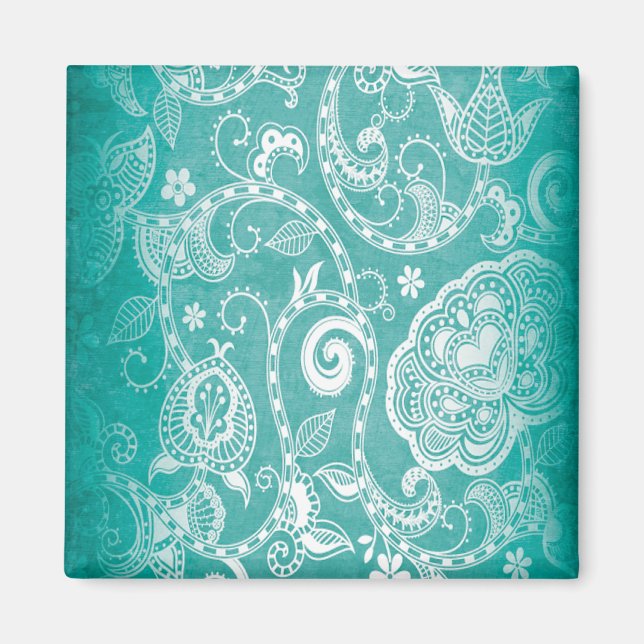 Beautiful white and blue flowers leaves and swirls magnet (Front)
