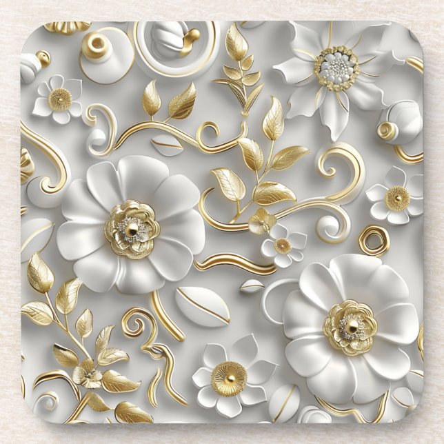 Beautiful White And Gold 3D Floral Coaster (Front)