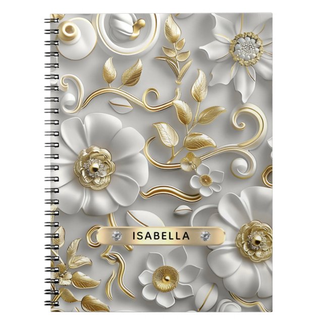 Beautiful White And Gold 3D Floral Custom Name Notebook (Front)