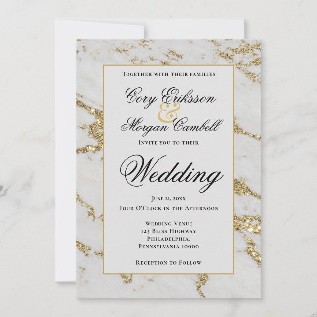 Beautiful White And Gold Marbling Wedding Announcement (Front)