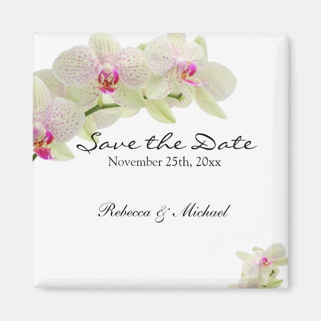 Beautiful White and Hot Pink Orchids Save the Date Magnet (Front)