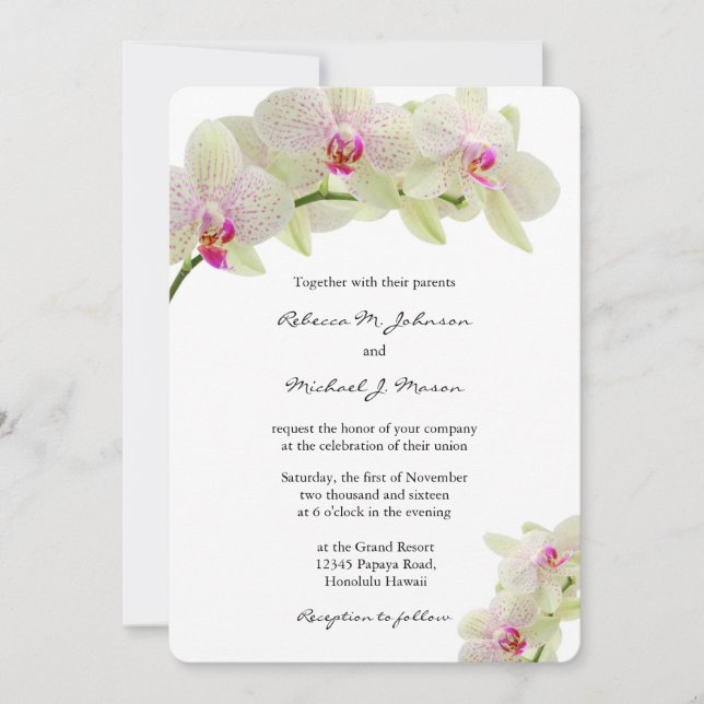 Beautiful White and Hot Pink Orchids Wedding Invitation (Front)