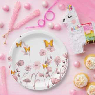 Beautiful white and pink floral and butterfly  paper plate
