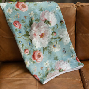 Beautiful White and Red Peonies Fleece Blanket
