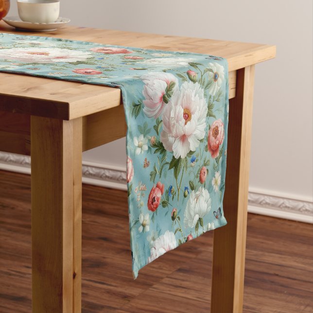 Beautiful White and Red Peonies Short Table Runner (In Situ)