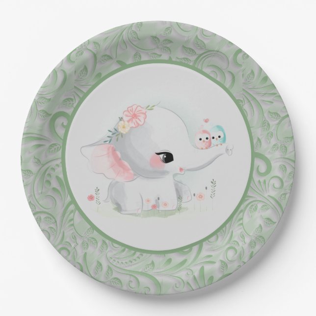 Beautiful White Baby Boy or Girl Elephant Paper Plate (Front)