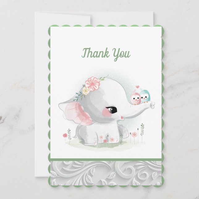 Beautiful White Baby Elephant Thank You Card (Front)