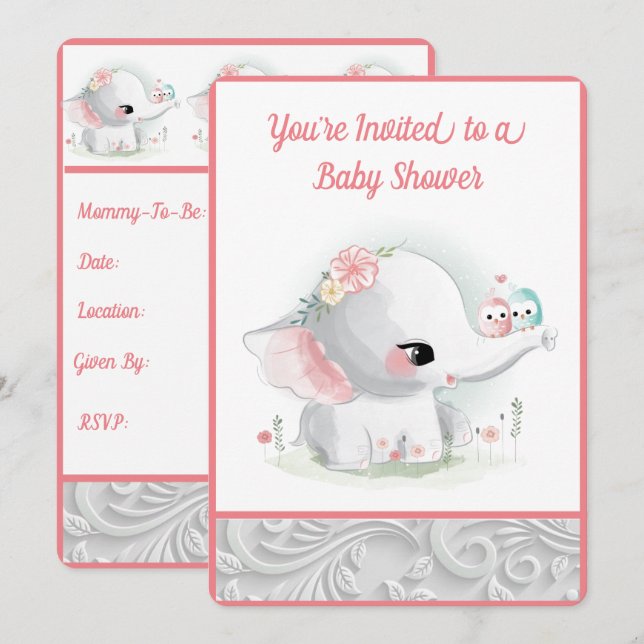 Beautiful White Baby Girl Elephant Invitation (Front/Back)