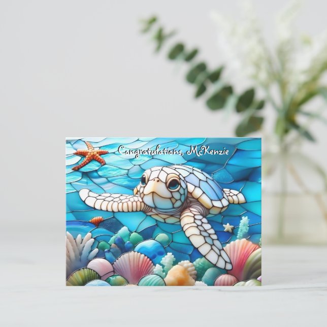 Beautiful White Baby Sea Turtle Swimming Postcard (Standing Front)