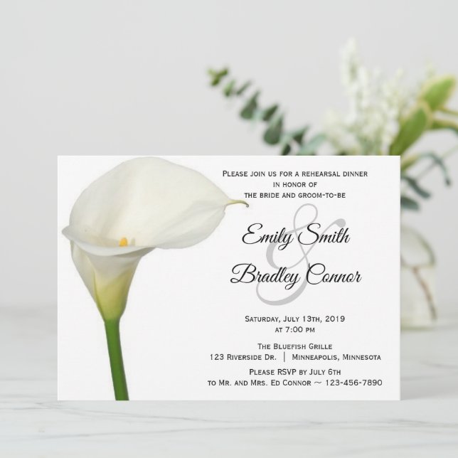Beautiful White Calla Lily Floral Rehearsal Dinner Invitation (Standing Front)