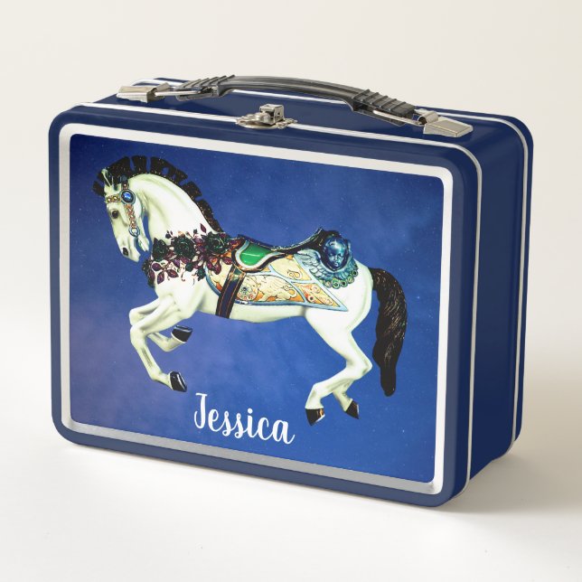 Beautiful White Carousel Horse Metal Lunch Box (Front)