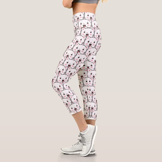 Beautiful White Cat Face Cartoon Pattern Capri Leggings (Left)