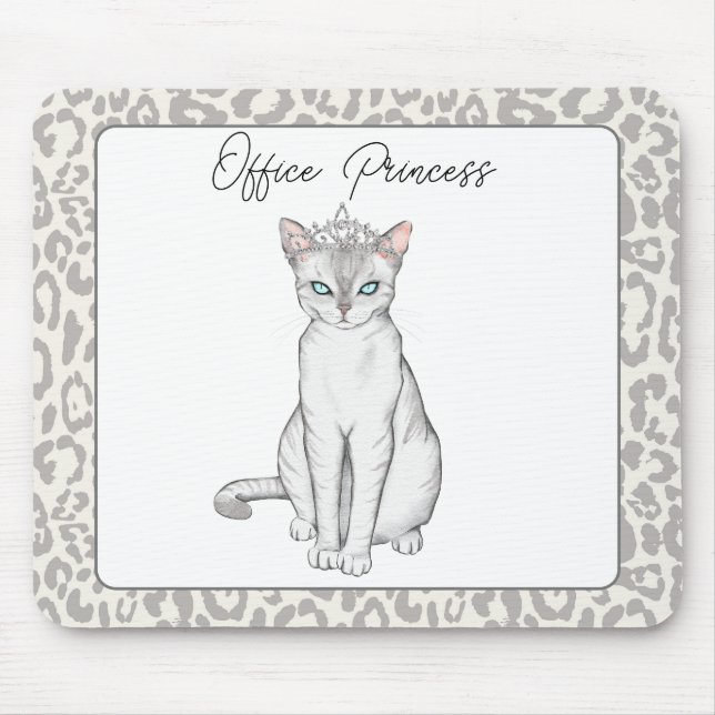 Beautiful White Cat with Princess Crown Mousepad (Front)