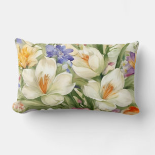 Beautiful White Crocuses, Сolorful Spring Flowers Lumbar Cushion