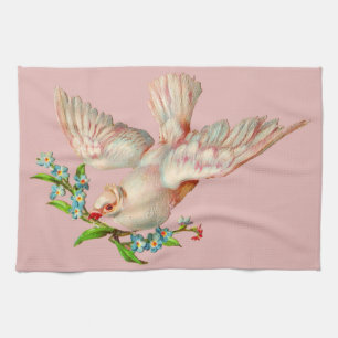 beautiful white dove with sprig in its mouth tea towel