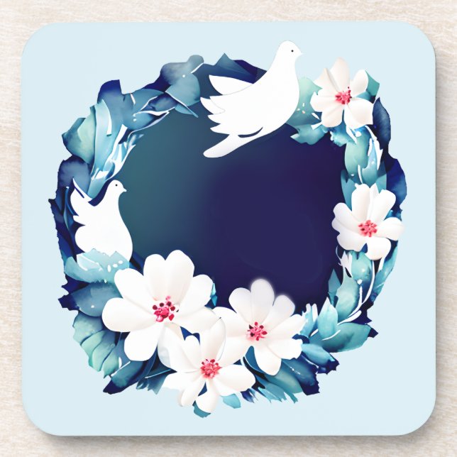 Beautiful White Doves Floral Wreath Coaster (Front)