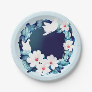 Beautiful White Doves Floral Wreath Paper Plate