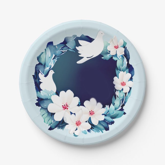 Beautiful White Doves Floral Wreath Paper Plate (Front)