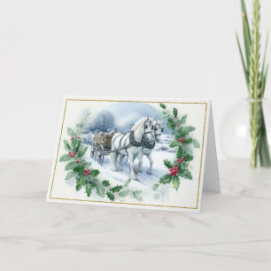 Beautiful White Draught Horses Pulling Wagon Holiday Card