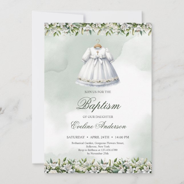 Beautiful white dress lilies and roses Baptism Invitation (Front)