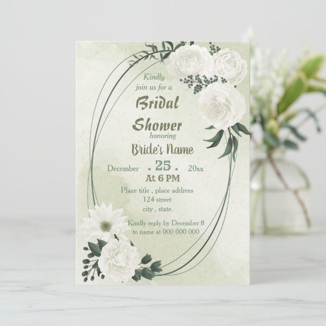 beautiful white floral geometric bridal shower invitation (Standing Front)