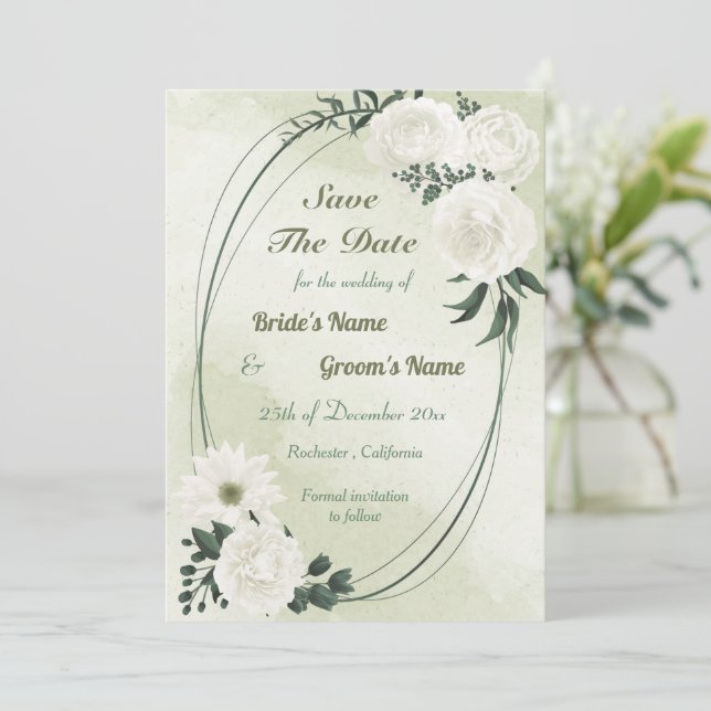 beautiful white floral geometric save the date (Standing Front)
