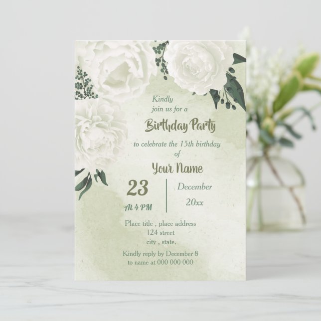 beautiful white floral greenery birthday party invitation (Standing Front)