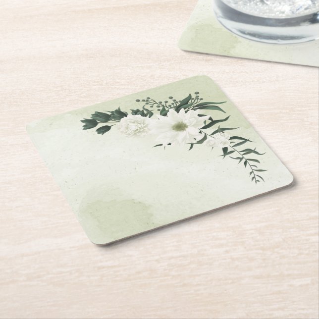beautiful white floral greenery square paper coaster (Angled)