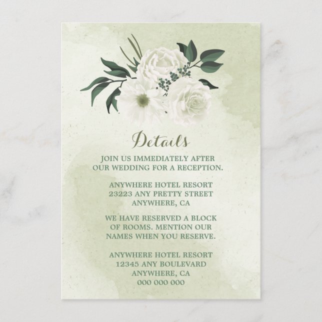 beautiful white floral greenery wedding details enclosure card (Front)