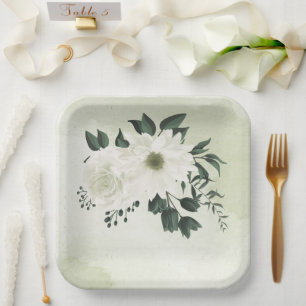 beautiful white floral greenery wedding paper plate