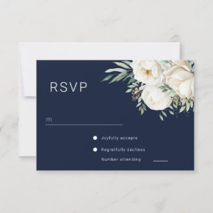 Beautiful White Floral Navy Wedding RSVP Card