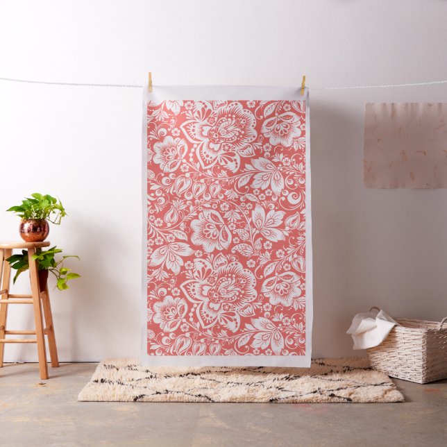 Beautiful White Floral Pattern Coral Background Fabric (In Situ)