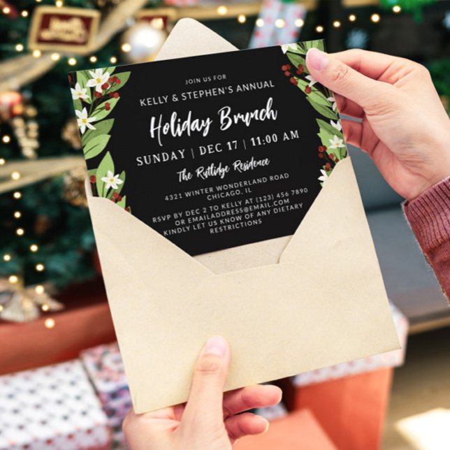 Beautiful White Floral Red Berries Holiday Brunch Invitation (Creator Uploaded)