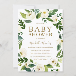 Beautiful White Floral Wreath  Neutral Baby Shower Invitation