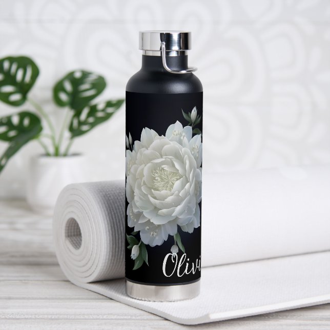 Beautiful White Flower with Name Water Bottle (Yoga)