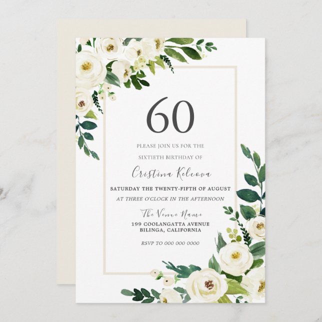 Beautiful White Flowers 60th Birthday Party Invitation (Front/Back)