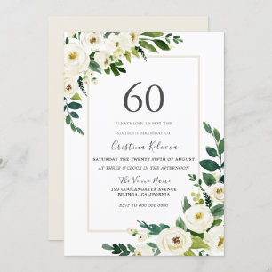 Beautiful White Flowers 60th Birthday Party Invitation