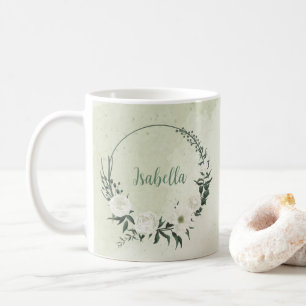 Beautiful white flowers green leaves coffee mug