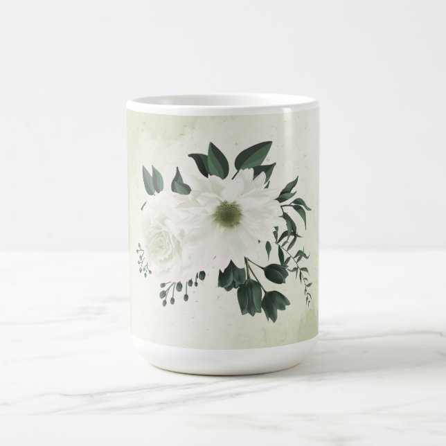 Beautiful white flowers green leaves coffee mug (Center)