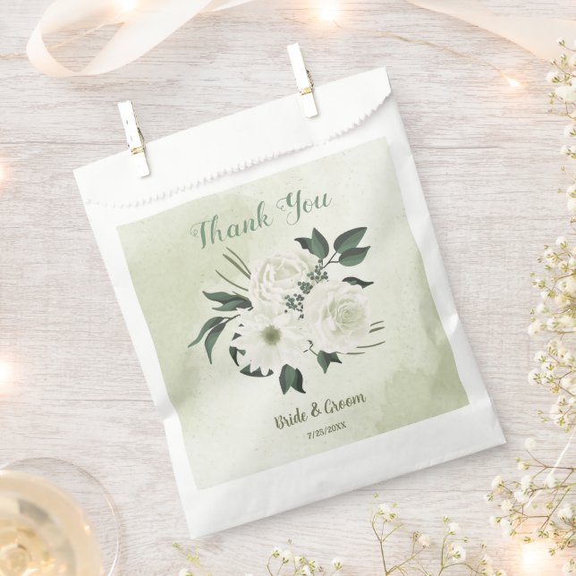 Beautiful white flowers green leaves wedding favour bag (Clipped)
