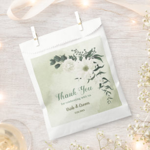 Beautiful white flowers green leaves wedding favour bag