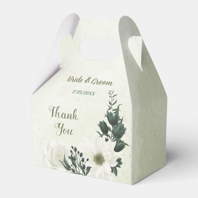 Beautiful white flowers green leaves wedding favour box (Front Side)