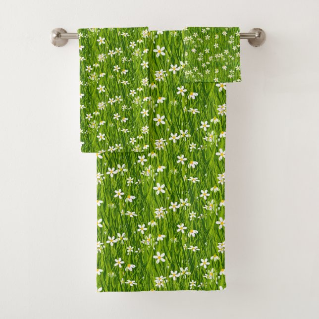 Beautiful White Flowers on Green Plant Leaves Bath Towel Set (Insitu)