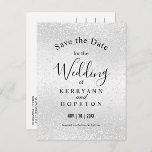 Beautiful White Glitter- Save The Date Announcement Postcard