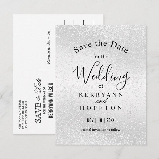 Beautiful White Glitter- Save The Date  Announcement Postcard (Front/Back)