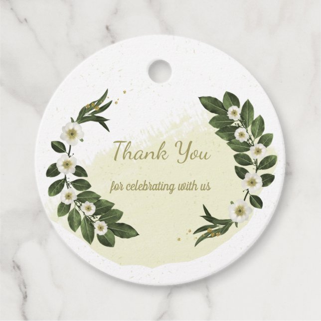 beautiful white gold blossoms greenery favour tag (Front)