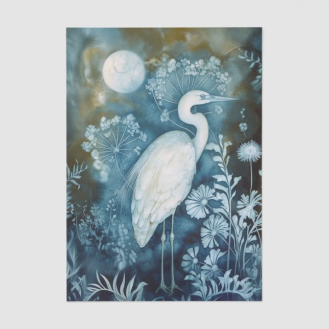 Beautiful White Heron Cyanotype Printing Tissue Paper (Front)